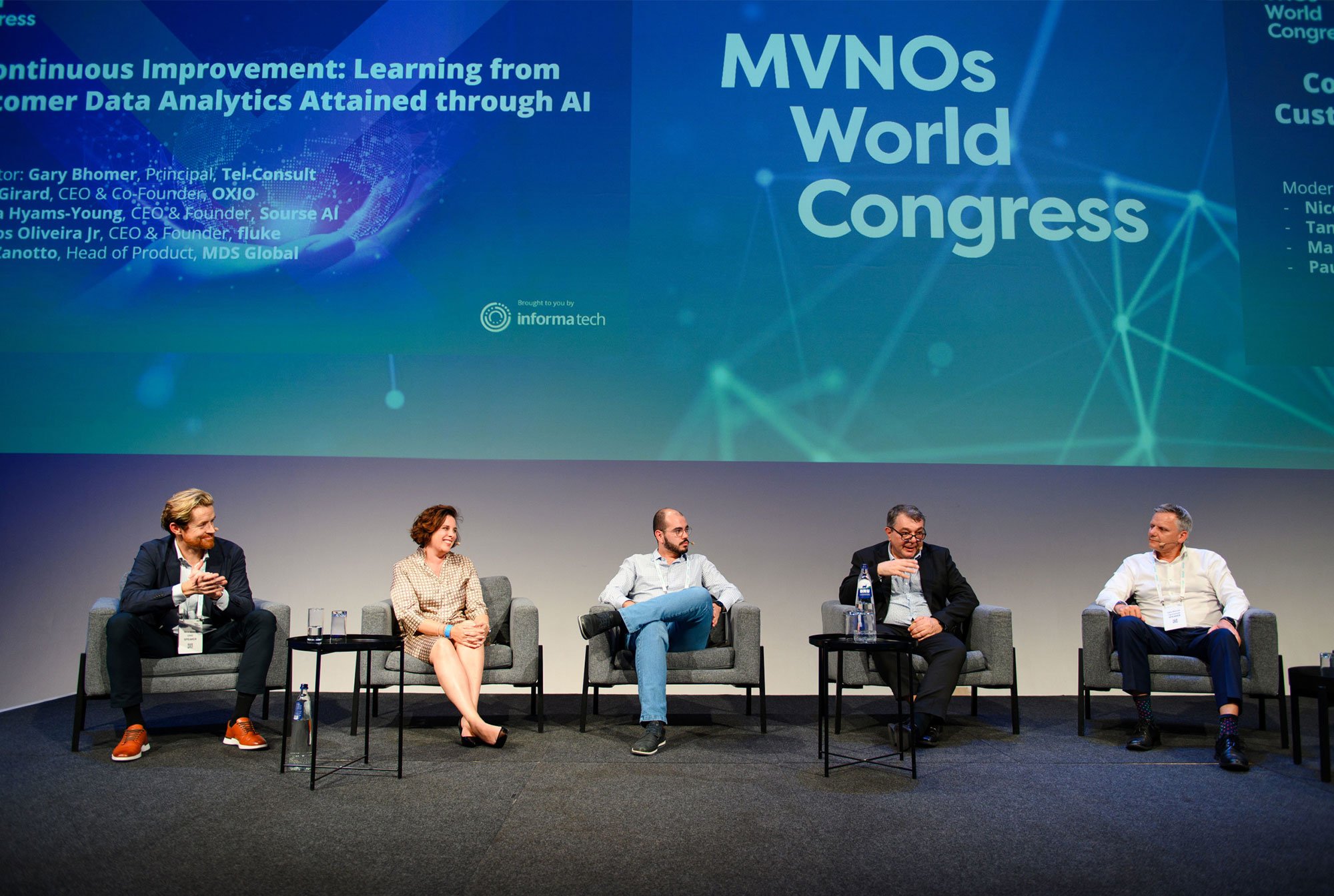 Five panellists sitting down in individual armchairs on stage at MVNOs World Congress 2024. They are sitting in front of a large MVNOs World Congress screen.